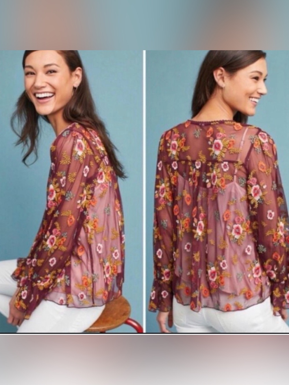 Anthropologie Feather Bone Embroidered Floral Burgundy Mesh Blouse Hippie Large